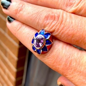 Sterling silver, purple gem, and enamel earrings.